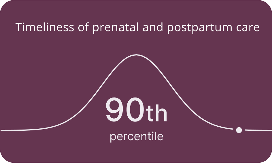 Graphic: Bell curve on purple background, text reads: Timeliness of prenatal and postpartum care, 90th percentile.